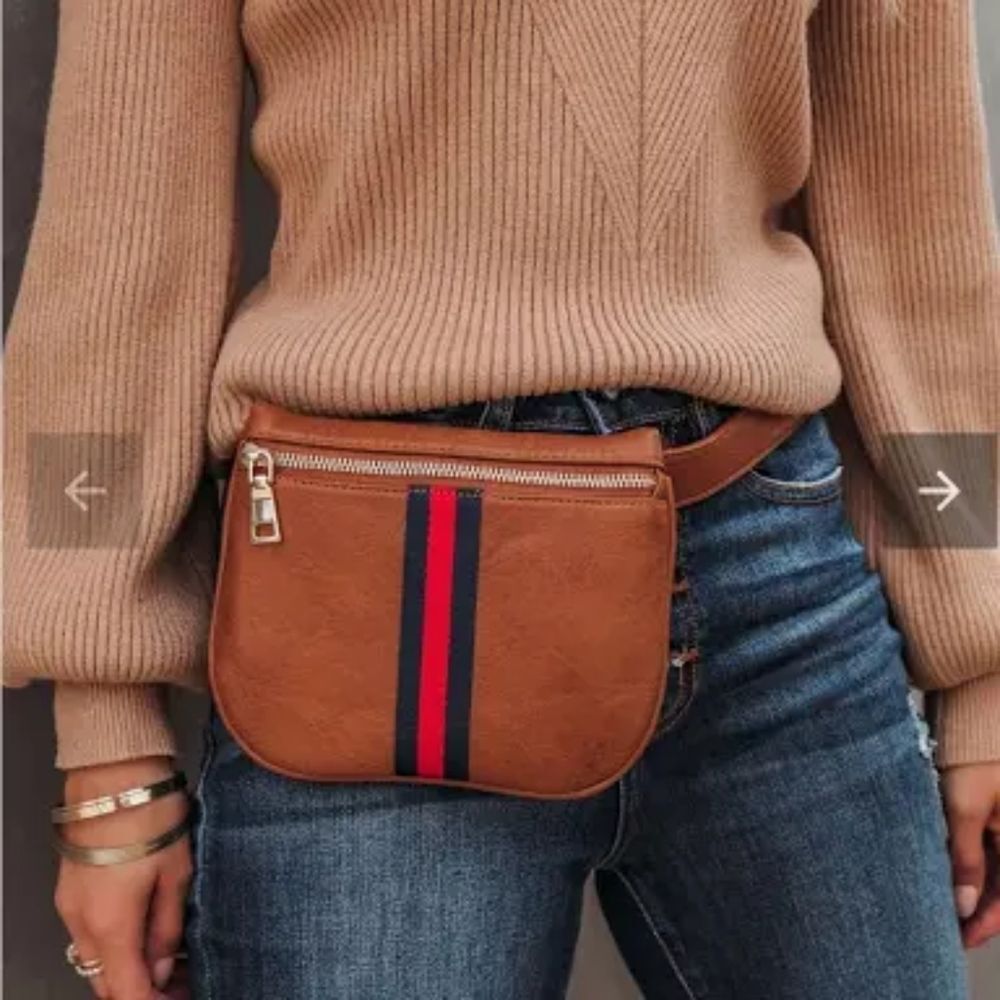 Moda Luxe Brown Leather Look Belt Bag with Navy and Red Stripe